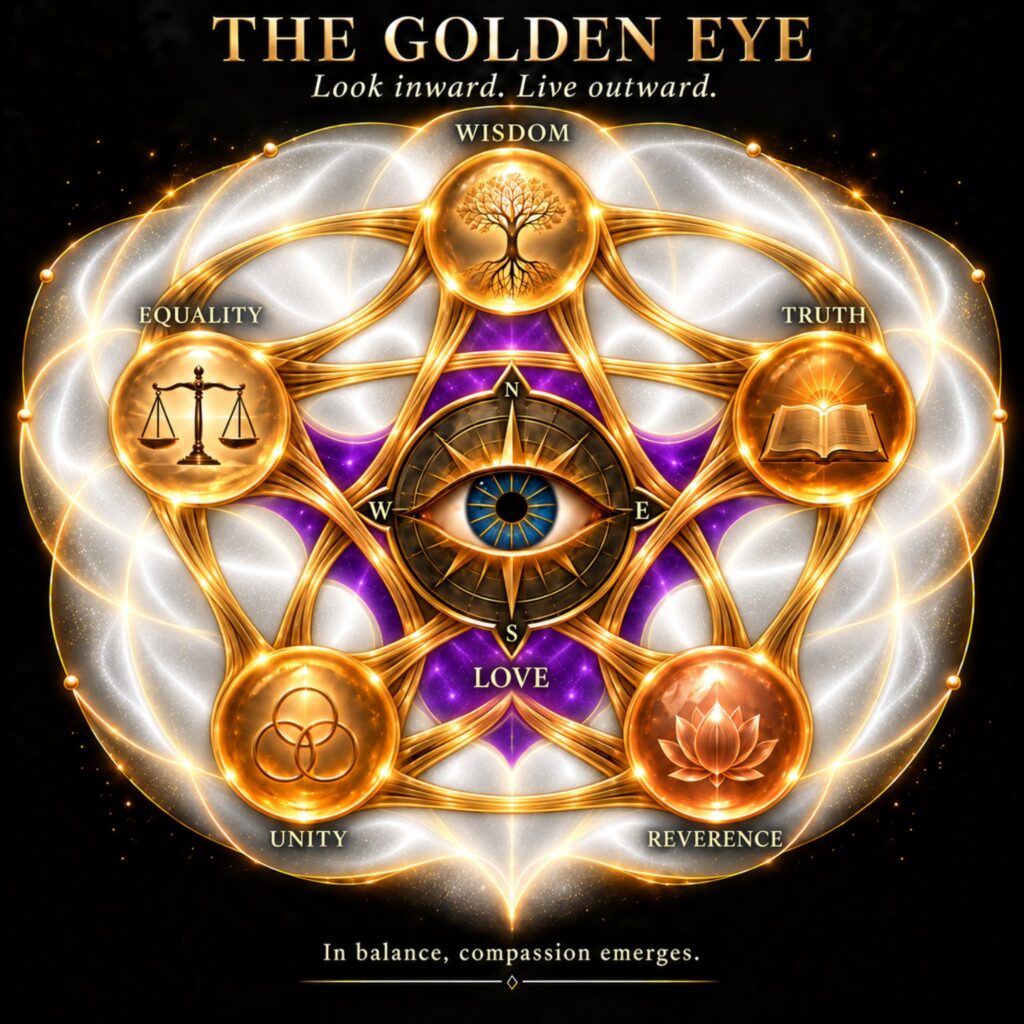 The Golden Eye: a blue eye centred within gold connections linking Wisdom, Truth, Reverence, Unity and Equality. Violet love fills the inner spaces. Look inward. Live outward. In balance, compassion emerges.