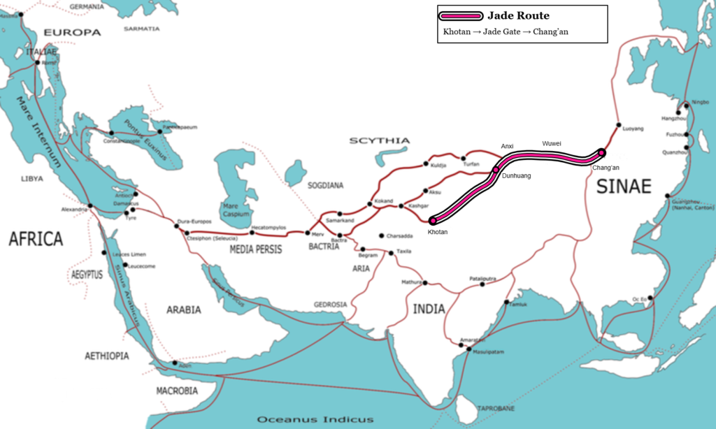 Map of Eurasian trade routes in the 1st century CE, with the Jade Route from Khotan via Dunhuang to Chang’an highlighted in deep pink over a black triple line